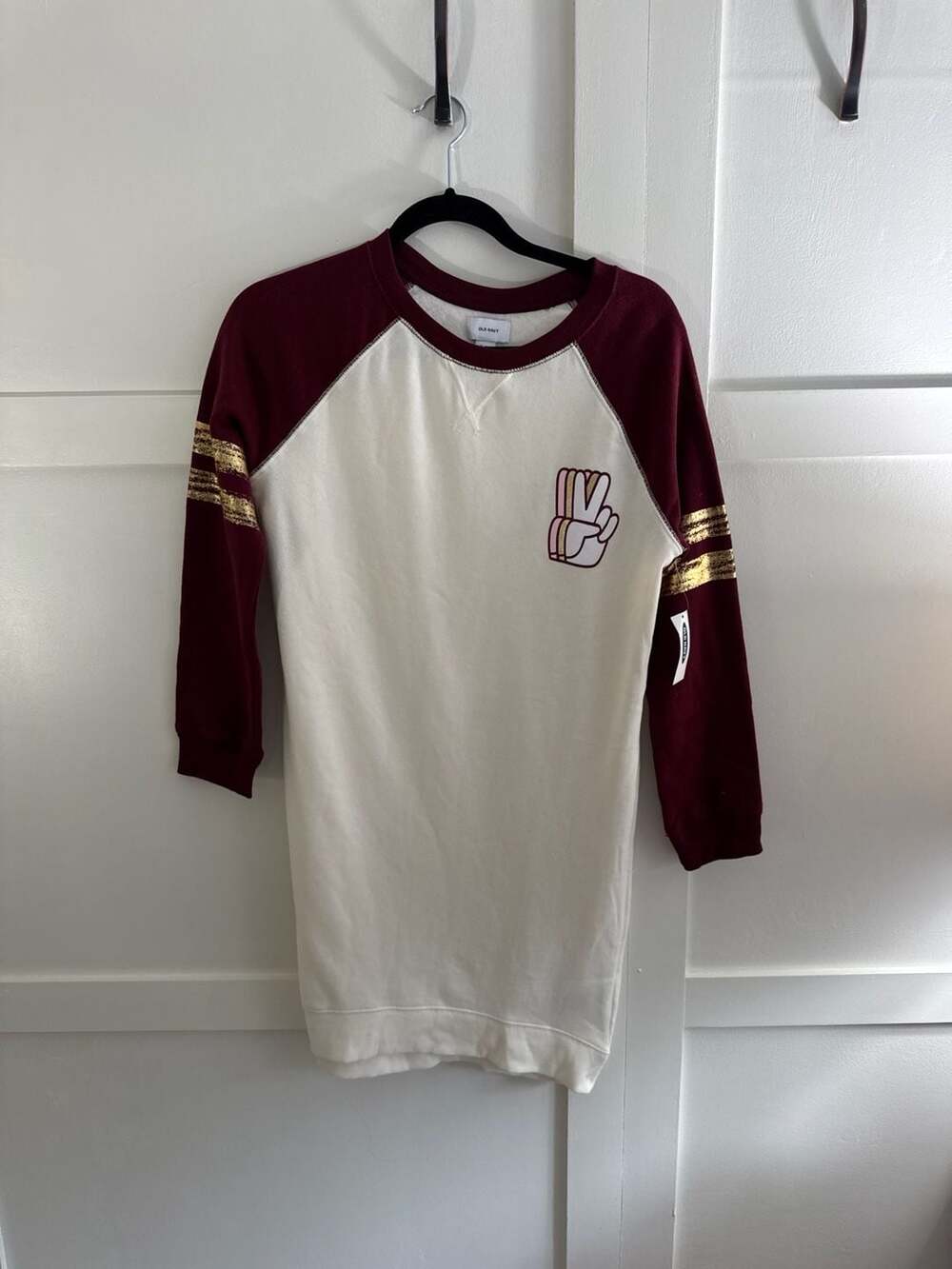 Old Navy Girls XL (14) Fleece Raglan Sweatshirt Dress Peace Sign White Maroon